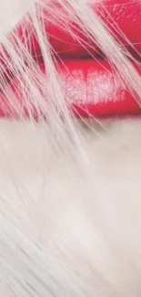 Close-up of vibrant red lips with white hair strands.