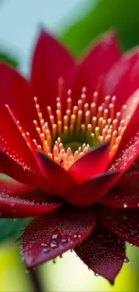 Vibrant red lotus flower with dewdrops on petals.