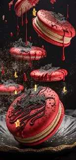 Floating red macarons in artistic composition on dark, textured background.