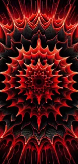 Mesmerizing red mandala fractal pattern on a dark background for mobile wallpaper.