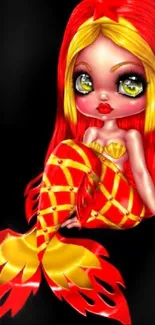 Vibrant red mermaid artwork with yellow accents.