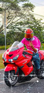 Red motorcycle on scenic road with rider in pink shirt.