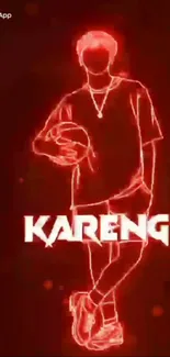 Neon red outline of a figure with the text 'KARENGE' glowing.