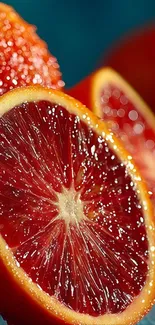 Close-up of juicy red orange slice with glistening texture.