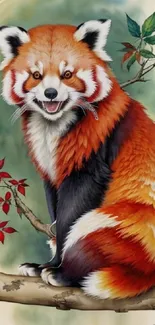 Illustration of a vibrant red panda on a branch with colorful leaves.