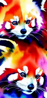 Colorful watercolor of two red pandas in vibrant hues.