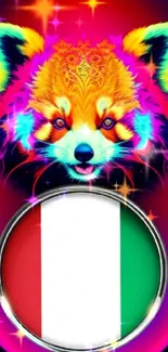 Neon red panda art with Italian flag on wallpaper.