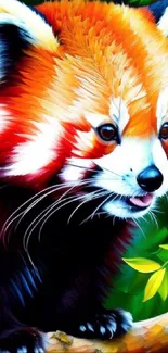 Vibrant digital artwork of a red panda in lush green surroundings.