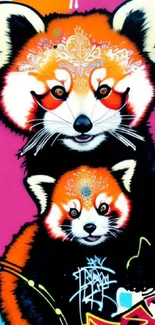 Vibrant street art featuring colorful red pandas on a magenta background.