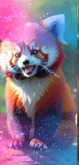 Vibrant red panda with colorful powder effects in a lively forest setting.