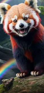 Joyful red panda in a colorful forest with rainbows.