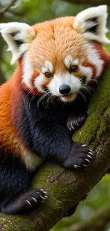 Red panda perched on a mossy tree branch in vibrant forest setting.