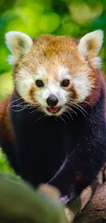 Red panda perched on a tree branch, surrounded by vibrant greenery.