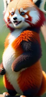 Adorable red panda in a forest setting on a mobile wallpaper.