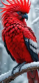 Red parrot perched on snowy branch in forest.