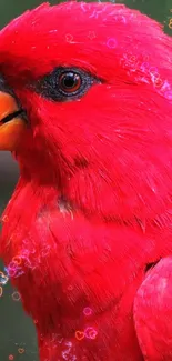 Vibrant red parrot with orange beak and green background.