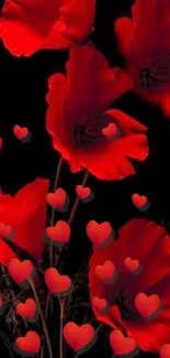 Vibrant red poppies with hearts on a black background.