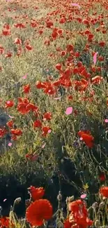 Vibrant poppy field with red flowers under the sun.