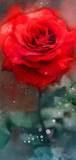 Artistic red rose wallpaper with abstract background splashes.