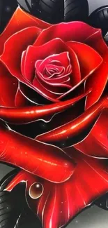 Vibrant red rose with black leaves, perfect for mobile wallpaper.