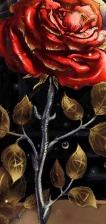 Intricate red rose with golden leaves on artistic wallpaper.