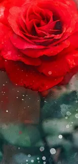 Watercolor red rose against blurred background.