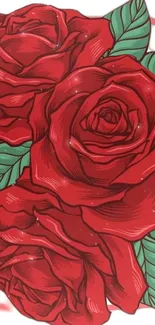 Illustrated red roses with green leaves wallpaper design.