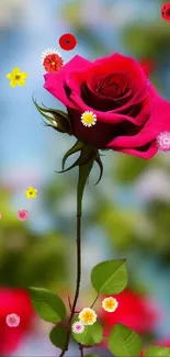 Vibrant red rose in full bloom against a blurred natural background.