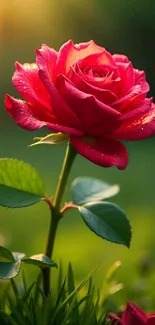 Close-up of a vibrant red rose blossom in sunlight.
