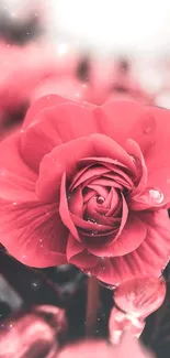 Close-up of a red rose with dewdrops, enhancing elegance.