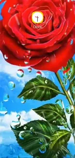 Vibrant red rose with water droplets on blue sky background.