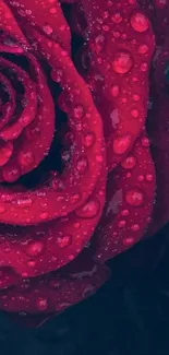 Close-up image of a red rose with water droplets.