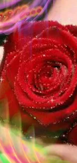 Vibrant red rose with colorful sparkles and abstract swirls wallpaper.