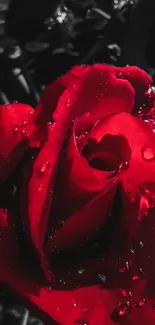 Red rose with water droplets on petals, dark background.