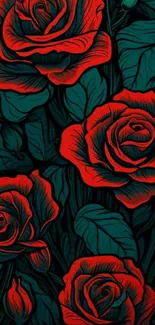 Lush red roses with green leaves on wallpaper.