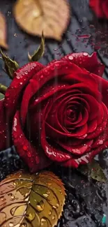 Red rose with raindrops on dark leaves.