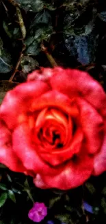 Vibrant red rose with lush green leaves in the background.