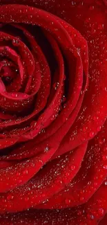 Close-up of a vibrant red rose with dewdrops on petals.