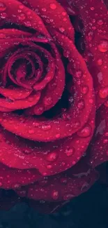 Close-up of a red rose with dewdrops as a mobile wallpaper.