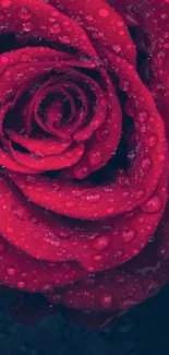 Close-up of vibrant red rose with water droplets on petals.