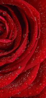 Close-up of vibrant red rose with dewdrops.