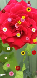 Vibrant red rose with colorful petals.