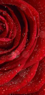 Close-up of a red rose with dewdrops, vibrant and elegant design.