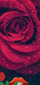 Close-up of a vibrant red rose with dew droplets on petals.