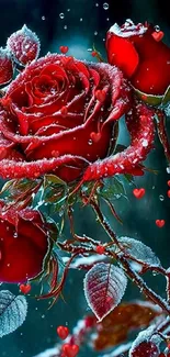 Red roses wrapped in frost, glistening in a wintry scene.