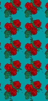 Red roses pattern on turquoise background mobile wallpaper.