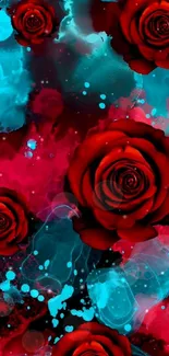 Vibrant red roses with turquoise splash wallpaper design.