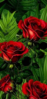 Vibrant red roses amidst lush green foliage.