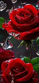 Vibrant red roses with water droplets and green leaves on a dark background.