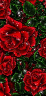 Vibrant red roses with green leaves and sparkles.